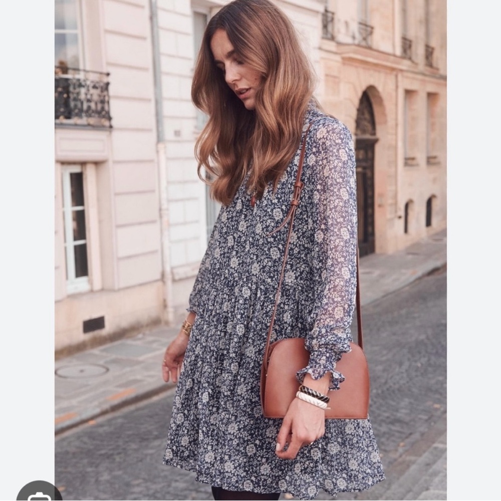 Sezane Blue Floral Long Sleeve Dress